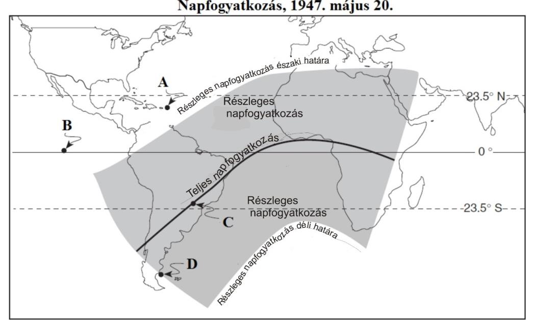 6. Az alábbi ábra az 1947. május 20-i napfogyatkozás Földről látható régióit jelöli, az A, B, C, D pontok egy-egy helyszínt jelölnek. A világtérkép segítségével válaszoljatok az alábbi kérdésekre!