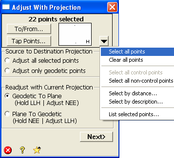 Survey főmenünél, Adjust with Proj.