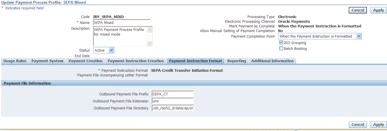 Oracle R12: ISO20022 Credit Transfer A meglévő PPP-ket módosítottuk: Payment Format frissítése: IBY_SEPA_MIXD seeded Payment format mögött lévő XLS fájlt módosítottuk, hogy a számunkra szükséges