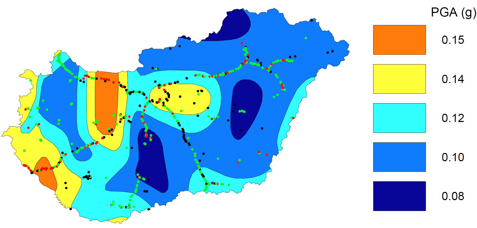 8. ábra Sűrűbordás hidak közelítő kiértékelése a pillér megfelelősége alapján a magyarországi zónatérképen (Tóth és m.társai 2006) megjelenítve.