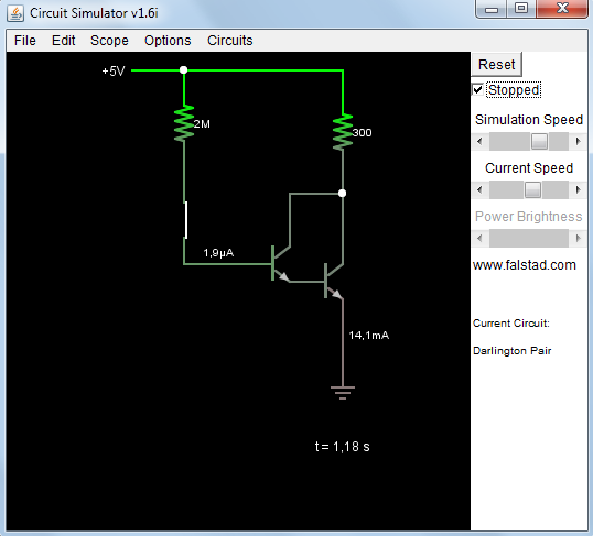 Darlington pár A http://www.falstad.com/circuit/ címen elérhető áramkör szimulátorban a Circuits/Transistors/Darlington Pair mintapéldát keressük meg!