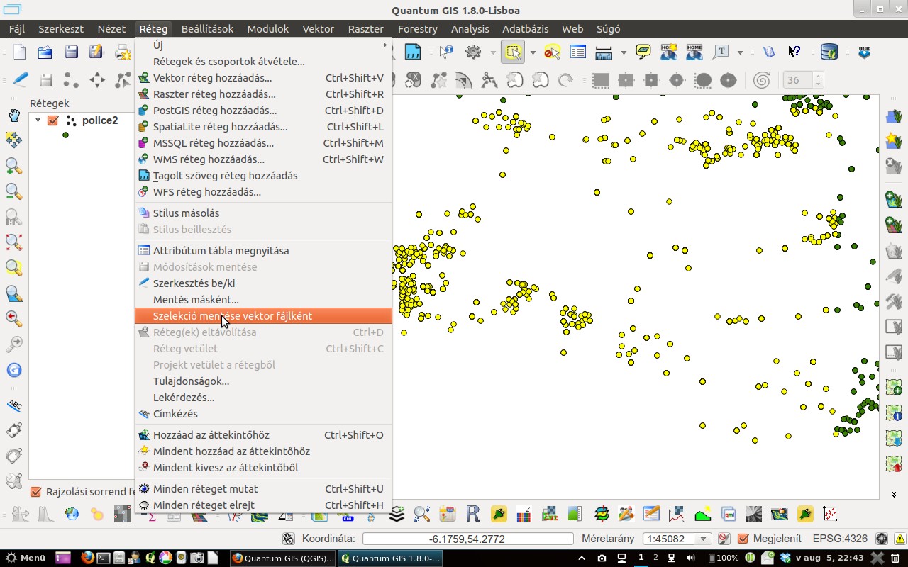 5. ábra. A szelektált elemeket exportáljuk egy másik vektor fájlba A Réteg menü Szelekció mentése vektor fájlként opciójával mentsük el a részletet. Én a police.shp néven exportáltam.