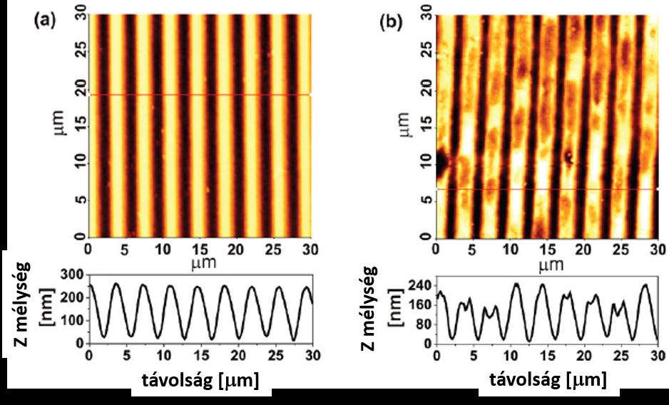 52. ábra AFM képek a mesterrácsról (a) és az arról készített replikáról (b), valamint a replikák modulációs mélységei a mester modulációs mélységének függvényében (c); p=3710 nm A p=3710 nm periódus