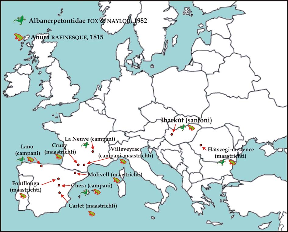 A fenti felsorolásból jól látható, hogy az Albanerpetontidae család tagjaihoz tartozó leletek 4 európai lelőhelyről voltak ismertek (20. ábra).
