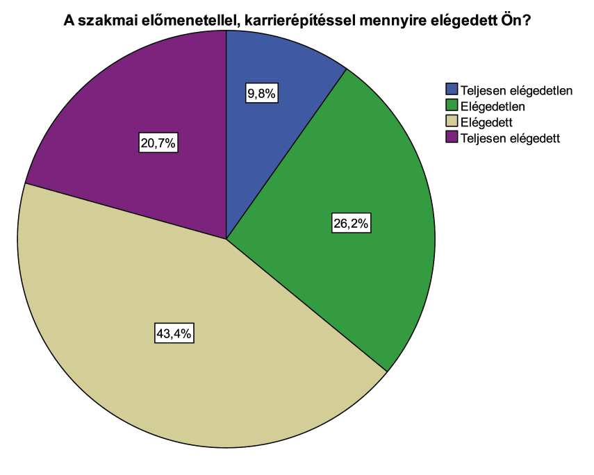 Az összes megkérdezett 43,4%-a elégedett a főállásával a szakmai előmenetel és a karrierépítés szempontjából, 26,2%-uk elégedetlen, 20,7%-uk teljesen elégedett, 9,8%-uk teljesen elégedetlen. (19.