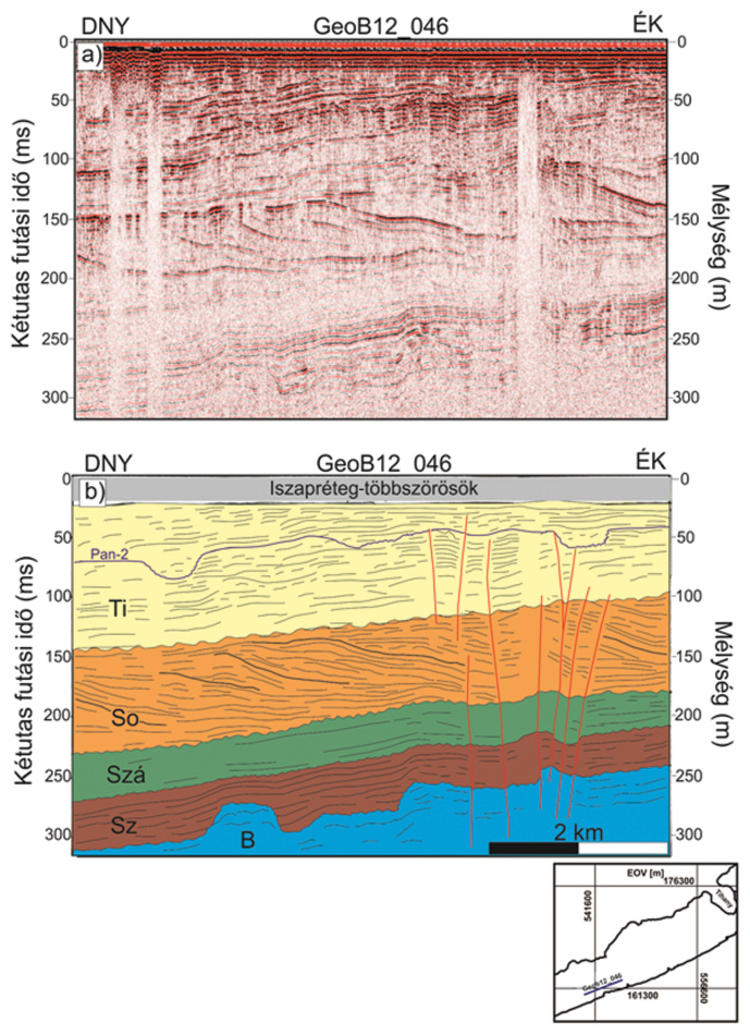 Új szeizmikus mérések a Balatonon egy Fonyódliget előterében húzódó egycsatornás szeizmikus szelvényt mutat, amely a 2012-es kampányban lett mérve a többcsatornás méréssel egy időben. A kb.