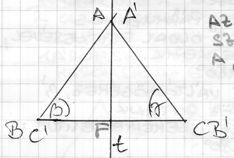 8. Egy háromszögben egyenlő hosszúságú oldalakkal szemben egyenlő szögek vannak. Az egyenlőszárú háromszög alapon fekvő szögei egyenlők. AB = AC. Kössük össze a bc oldal F felezőpontját az A ponttal.