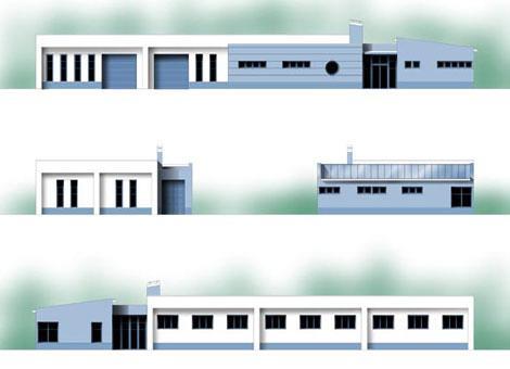 Az üzem elrendezésének típusai Pavilon-rendszerű: Több kicsi, földszintes épület egymástól távol.