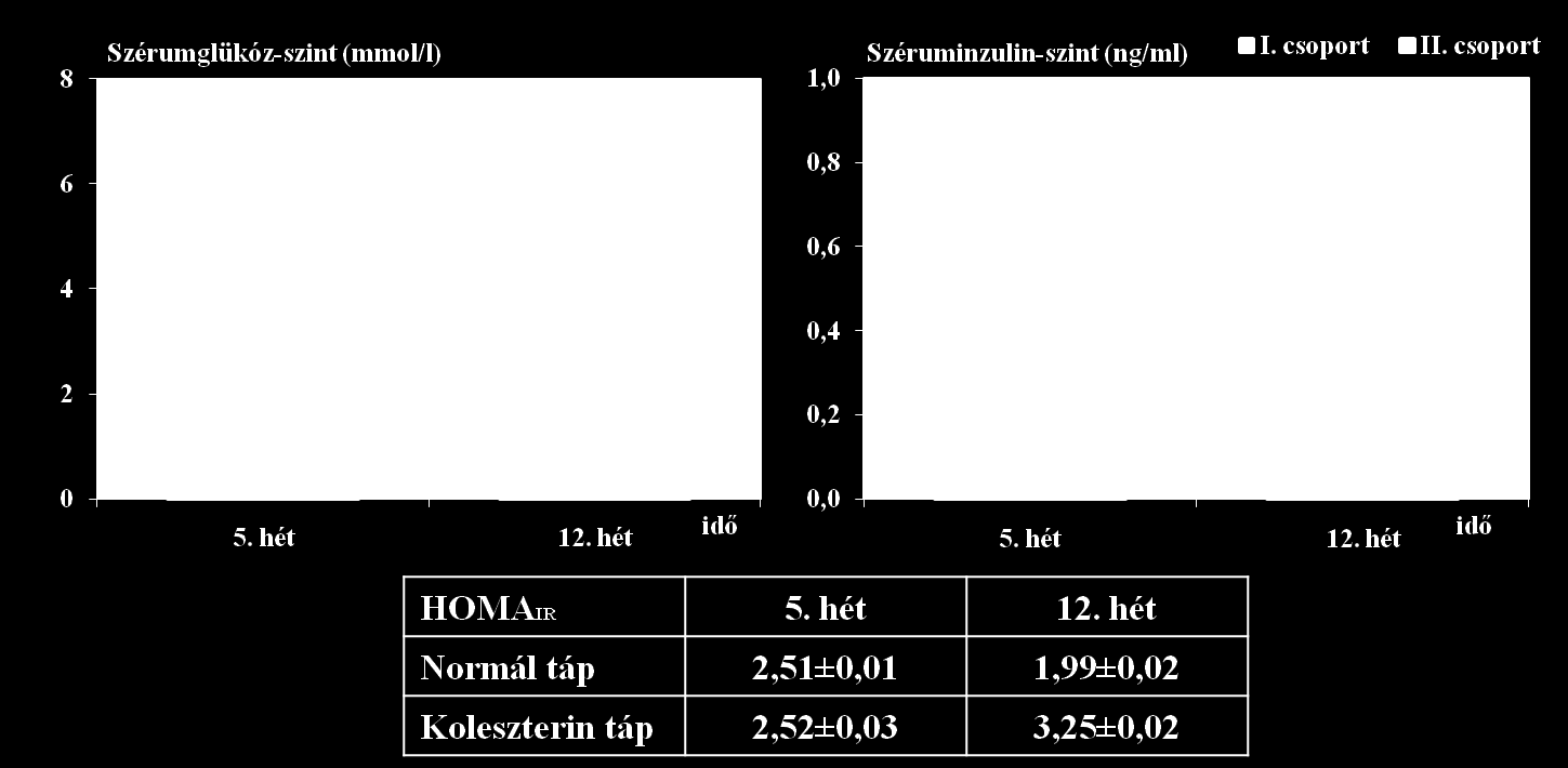 25. ábra: Szérumkoleszterin- és trigliceridszint az 5. és 12. héten normál, és a zsírdús tápon tartott patkányokban. (*= p< 0,05 vs Normál táp, # = p< 0,05 vs 5.