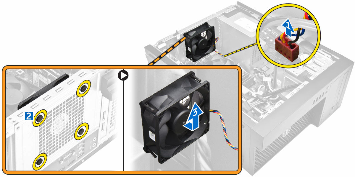 3. A rendszerventilátor eltávolítása: a. Csatlakoztassa le a rendszerventilátor kábelét az alaplapról [1]. b. A ventilátort rögzítő gyűrűk széthúzásával segítse a ventilátor eltávolítását [2]. c.