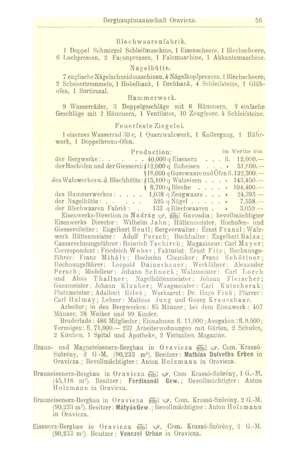 Berghauptmannsehaft Oravicza. 56 Blechwaarenfabrik. 1 Doppel Schmirgel Schleifmaschine, 1 Eisenscheere, 1 Blechschcere, 6 Lochpressen, 2 Fa<;onpressen, 1 Falzmaschine, 1 Abkantemaschine. Nagelhütte.