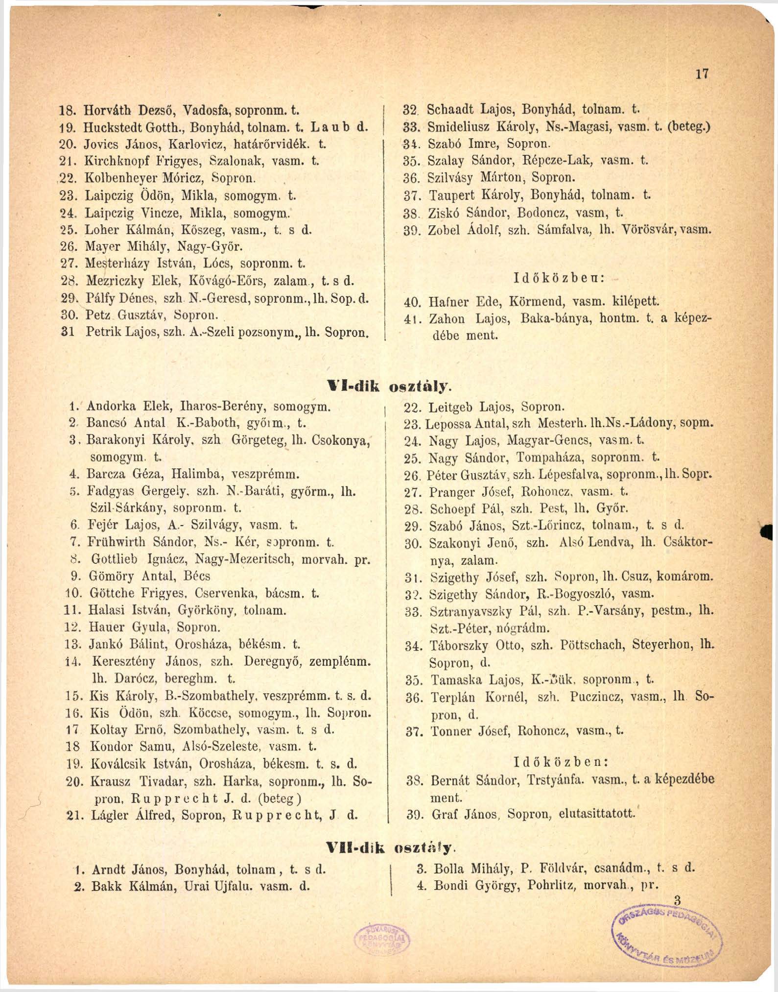 17 18. Horváth Dezső, Yadosfa, sopronm. t. 19. Huckstedt Gotth., Bonyhád, tolnám, t. Laub d. 20. Jovics János, Karlovicz, határőrvidék, t. 21. Kirchknopf Frigyes, Szalonak, vasm. t. 22.