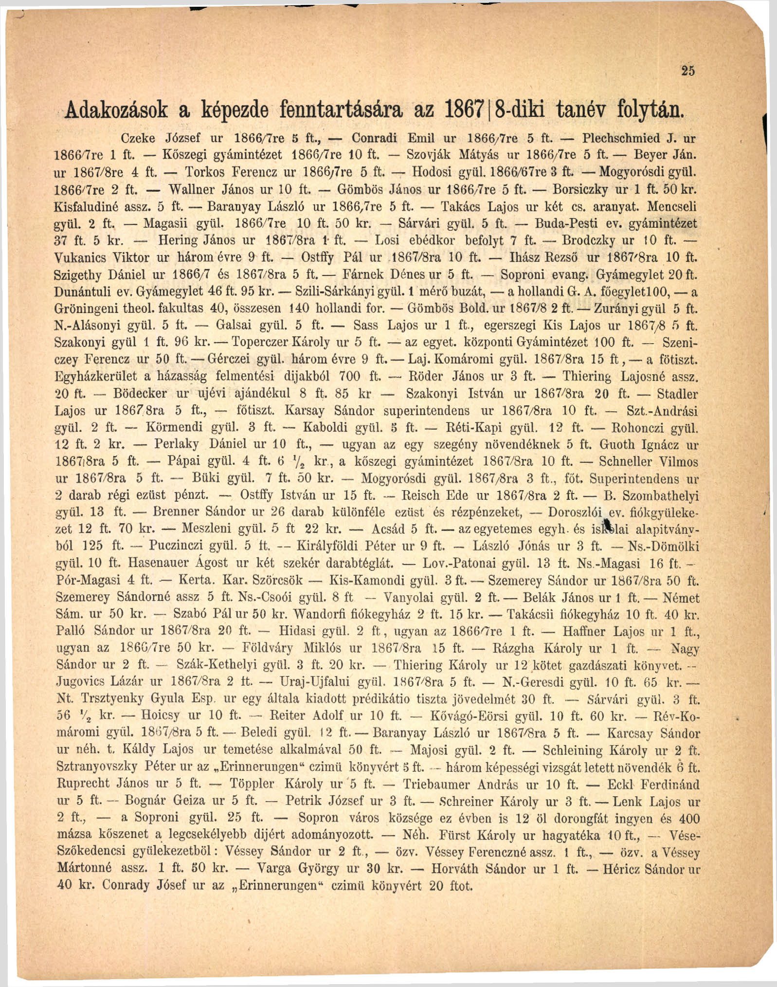 Adakozások a képezde fenntartására az 186718-diki tanév folytán. Czeke József ur 1866/7re 5 ft., Conradi Emil ur 1866/7re 5 ft. Plechschmied J. ur lsoö^re 1 ft. Kőszegi gyámintézet 1866/7re 10 ft.