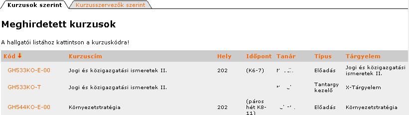 Tanszék menü A kurzuskódra vagy az órarendi kódra kattintva megjelennek a kurzus, illetve a kurzusszervez8 adatai és a hozzájuk tartozó hallgatói listák.