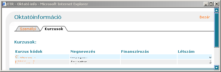 Vezet8i információk menü A kurzusok fülnél fel vannak sorolva az adott oktató által a kiválasztott ciklusban meghirdetett kurzusok néhány alapvet8 információval együtt.
