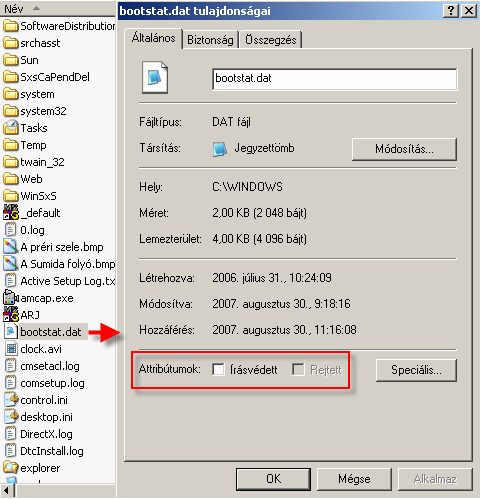 Windows alatt az attribútumok felhasználása például a lemezek, mappák tartalmának megjelenítésénél érhető tetten (Pl.