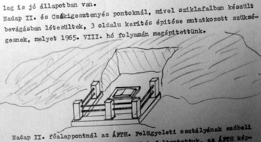 56. ábra. Szabadkézi rajz egy műszaki leírásban a Nadap II. alappont kerítésének megépítéséről 1965-ben. 1951.