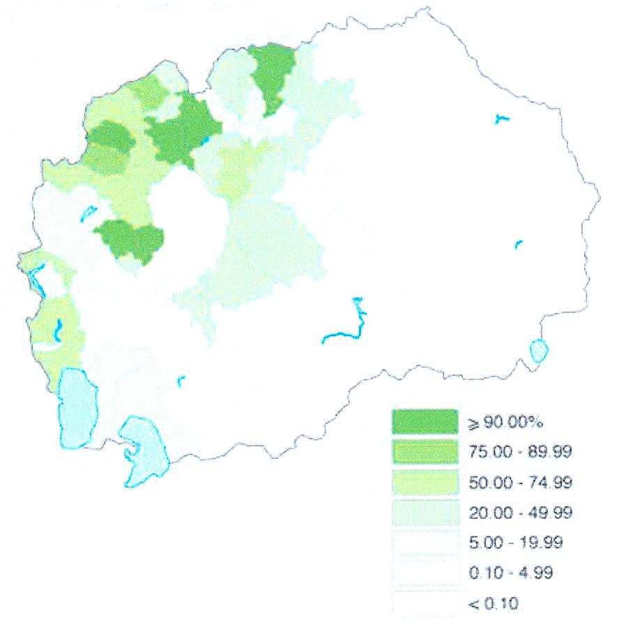 az albánok aránya. A 2004-ben bevezetett közigazgatási felosztás szerint Macedónia 84 járása közül 16-ban az albánok alkotják a többséget.