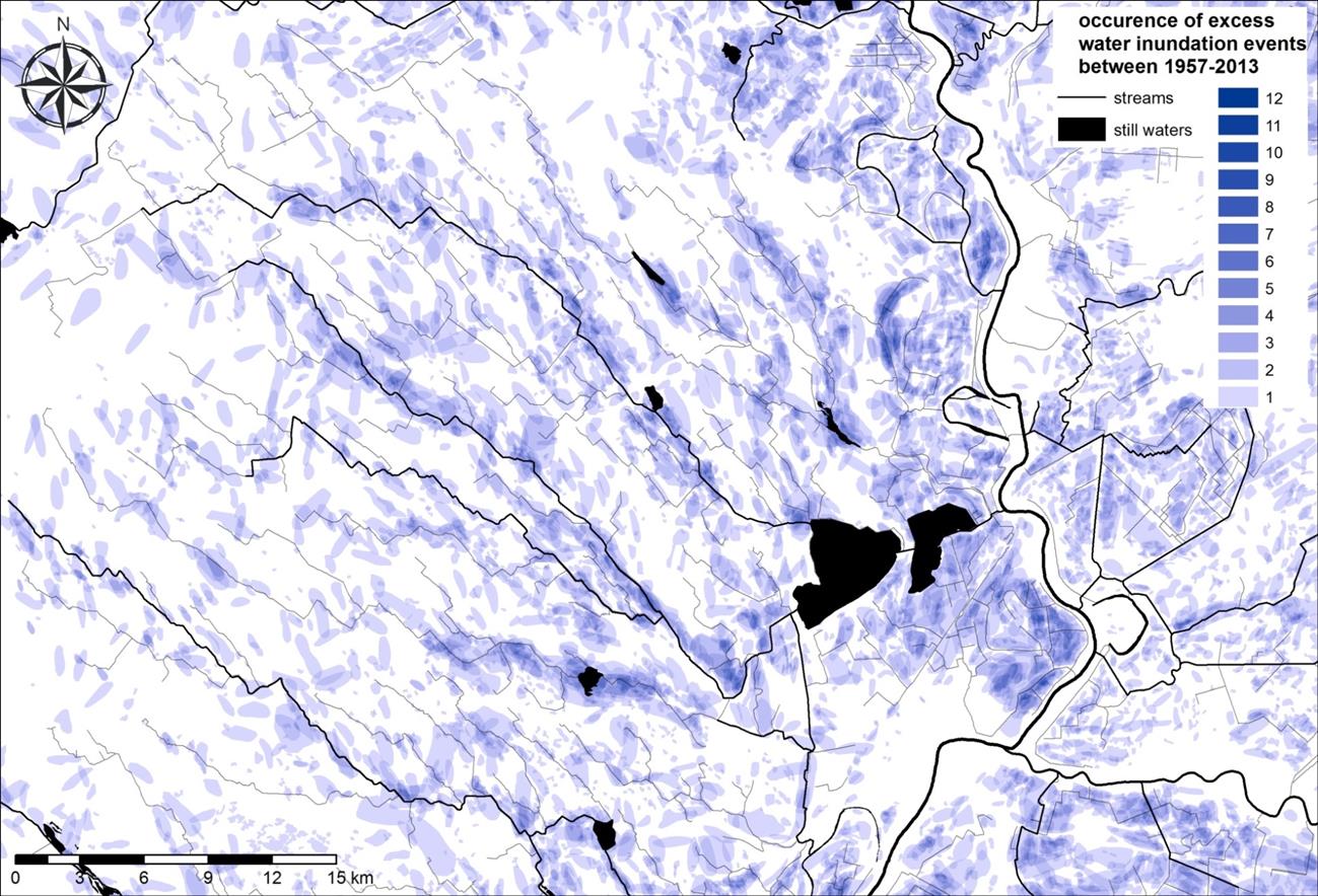 Belvízgyakorisági térkép 1957-2013 elöntések száma Csatorna menti