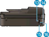 A HP Officejet 4630 series készülék hátulnézete 13 Faxport (2-EXT) 14