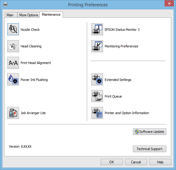 Az alkalmazás adatai Karbantartás fül Elindíthat olyan karbantartási funkciókat, mint a fúvókák ellenőrzése a nyomtatófej tisztítása, továbba az EPSON Status Monitor 3 bekapcsolása után ellenőrizheti