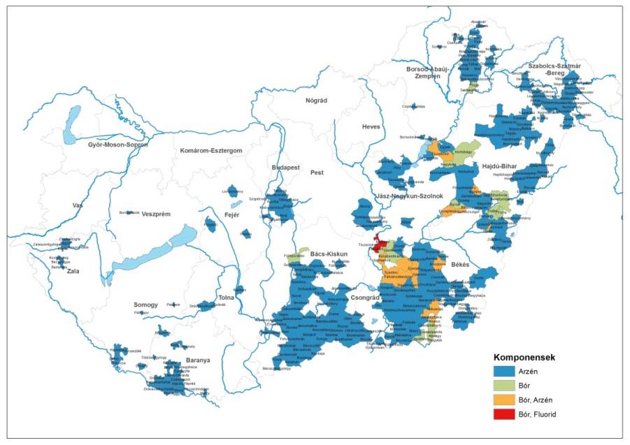 1. ábra - A derogációval érintett települések ivóvízszennyező komponensek területi eloszlása Az Európai Bizottság C(2012) 3686 számú határozatában a Magyarország által az emberi fogyasztásra szánt