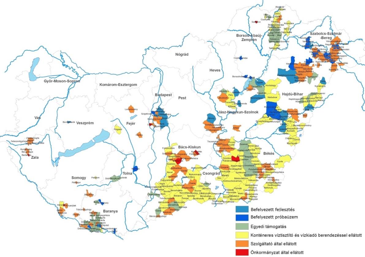 4. ábra- A derogációval érintett településeken a végleges illetve átmeneti ivóvízellátás egyes típusainak térképi megjelenítése A mellékletként csatolt előrehaladási jelentés D jelű táblázat