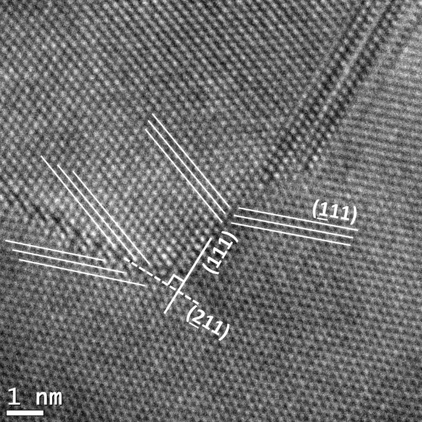 5.7 ábra. A vizsgált szemcsehatár nagyfeloldású képe. Az (111) határsíkot (koherens ikerhatár) vastag folytonos szakasz jelöli, a (211) határsíkot (inkoherens ikerhatár) szaggatott vonal jelöli.