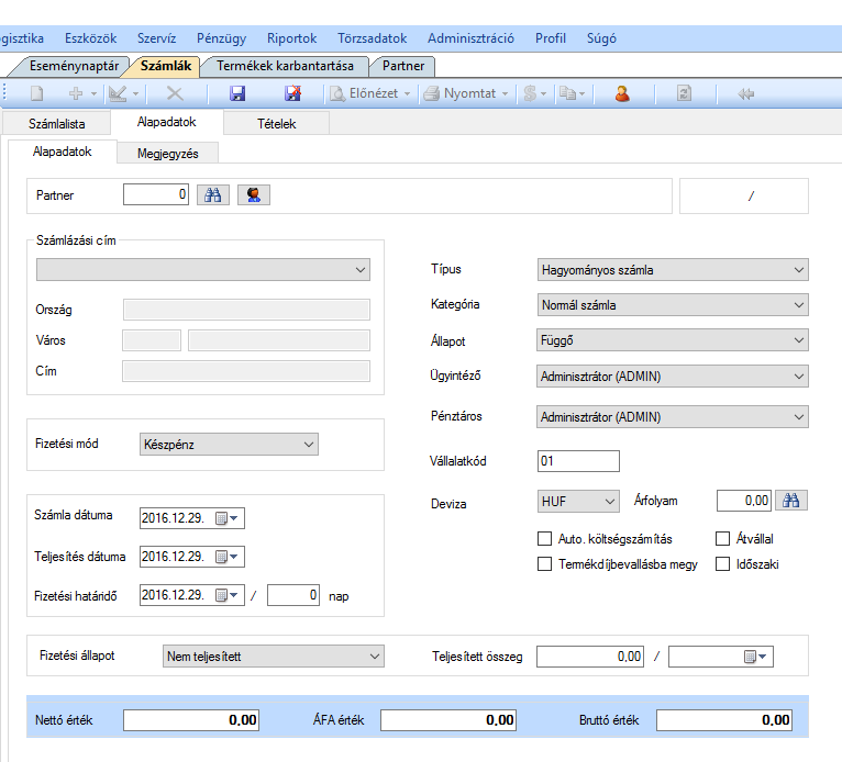 Alapadatok fül Egy számla kiválasztására dupla kattintással van lehetőség. Ekkor megjelenik az alapadatok fül, ahol megadhatók a számla fejadatai.