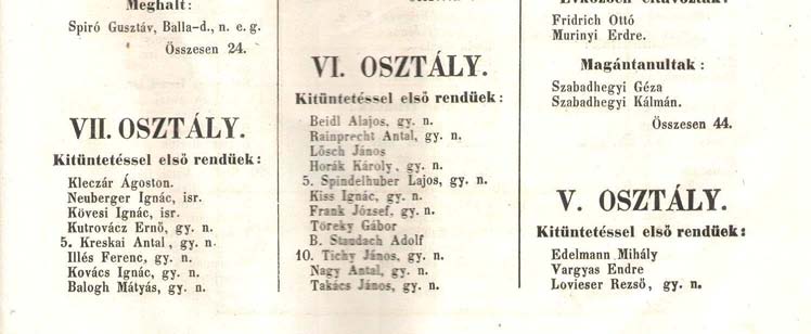Tanulmányi értesítőkben Érdemszerinti sorozat 1859/60 második félében Az osztályzások történetében