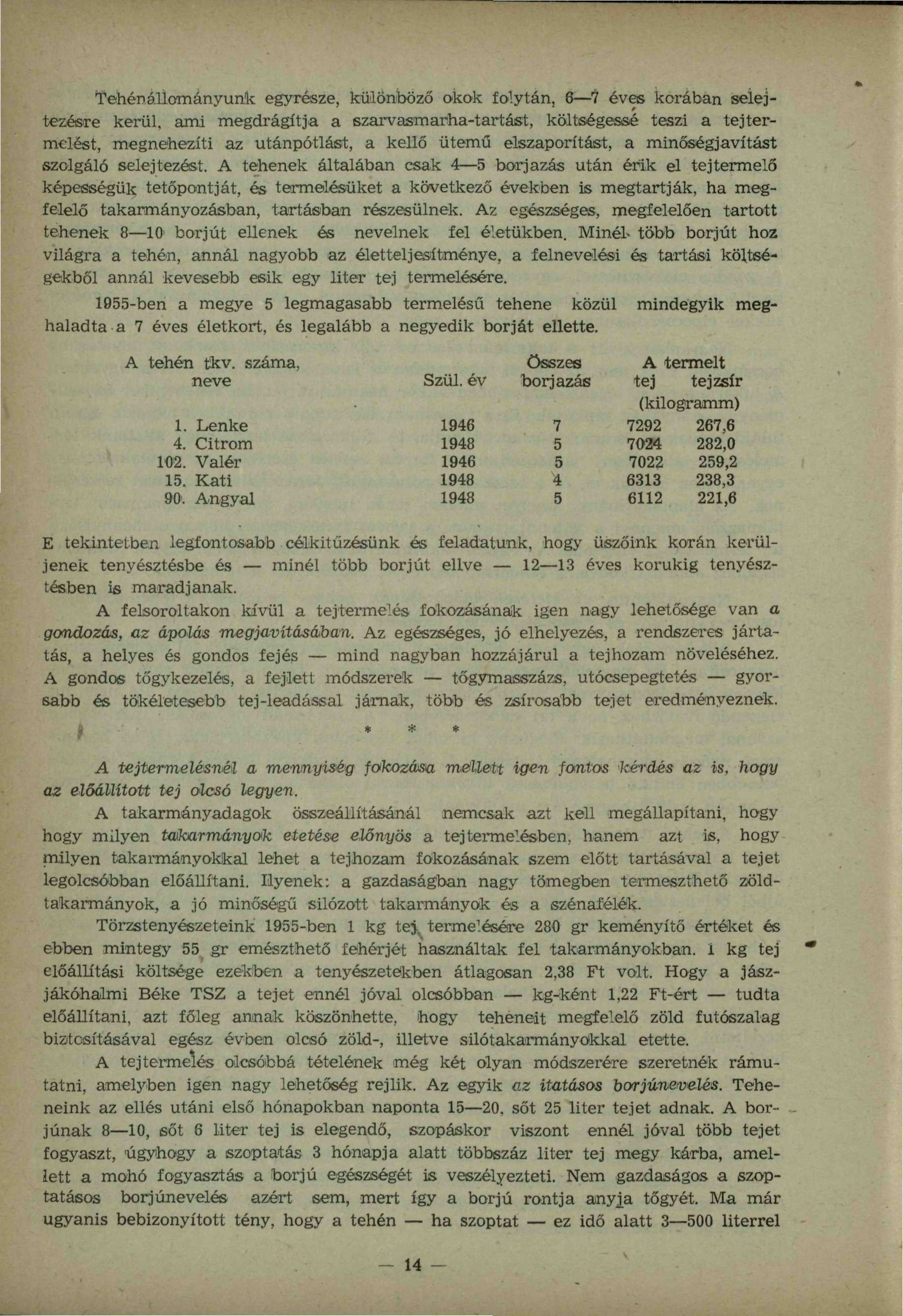 Tehénállományunk egyrésze, különböző okok folytán, 6 7 éves korában selejtezésre kerül, ami megdrágítja a szarvasmarha-tartást, költségessé teszi a tejtermelést, megnehezíti az utánpótlást, a kellő