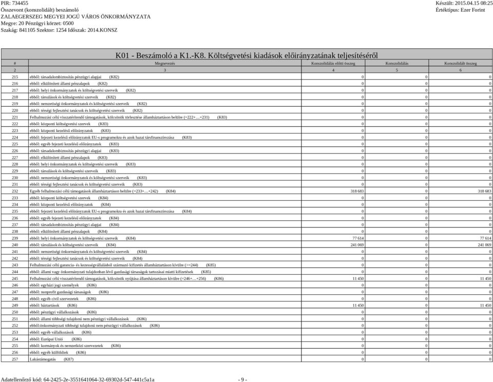 önkormányzatok és költségvetési szerveik (K82) 0 0 0 218 ebből: társulások és költségvetési szerveik (K82) 0 0 0 219 ebből: nemzetiségi önkormányzatok és költségvetési szerveik (K82) 0 0 0 220 ebből: