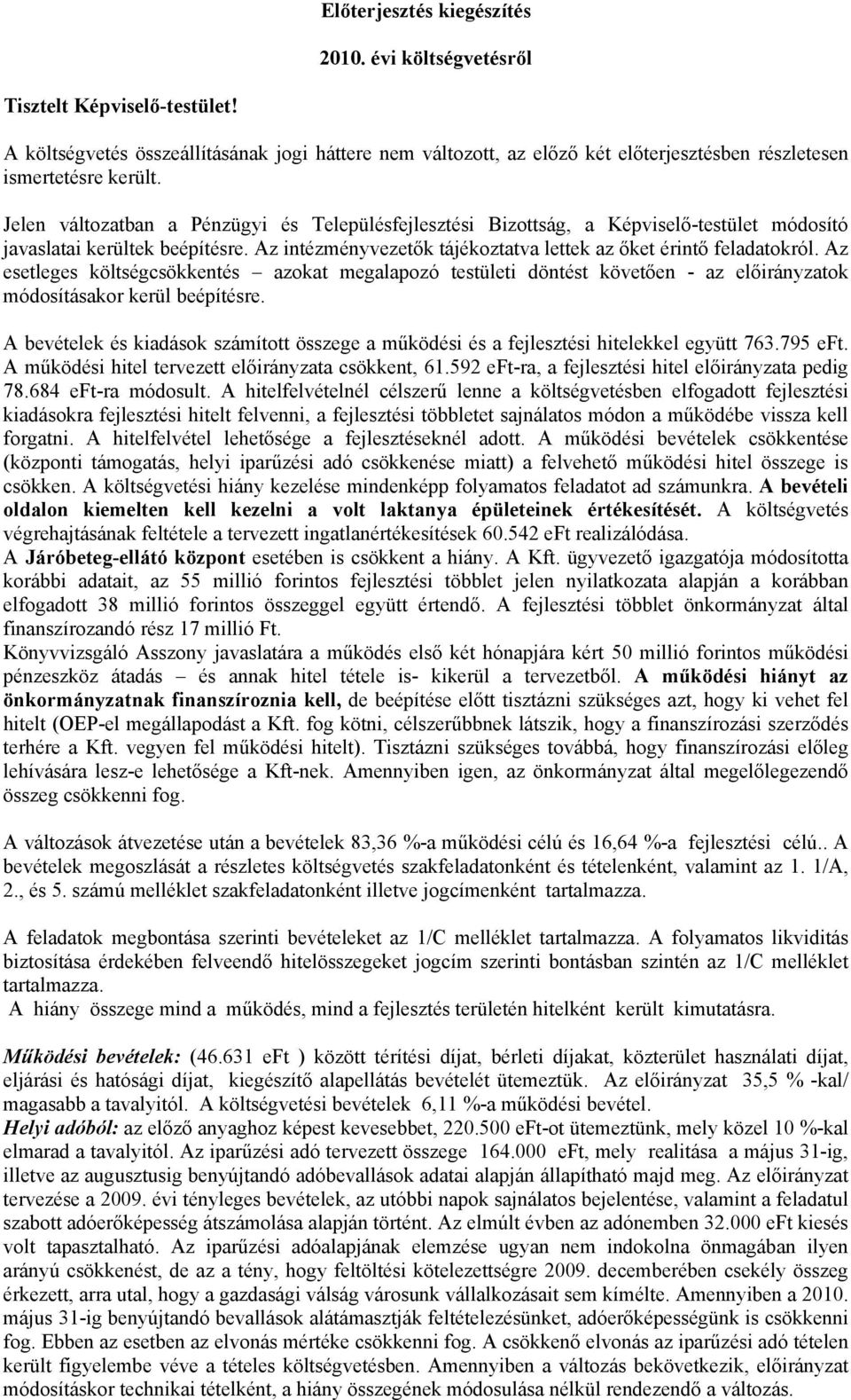 Jelen változatban a Pénzügyi és Településfejlesztési Bizottság, a Képviselő-testület módosító javaslatai kerültek beépítésre. Az intézményvezetők tájékoztatva lettek az őket érintő feladatokról.