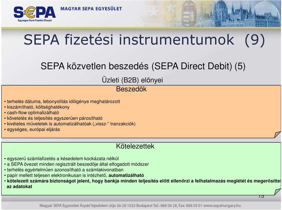 Kötelezettek egyszerő számlafizetés a késedelem kockázata nélkül a SEPA övezet minden regisztrált beszedıje által elfogadott módszer terhelés egyértelmően azonosítható a számlakivonatban