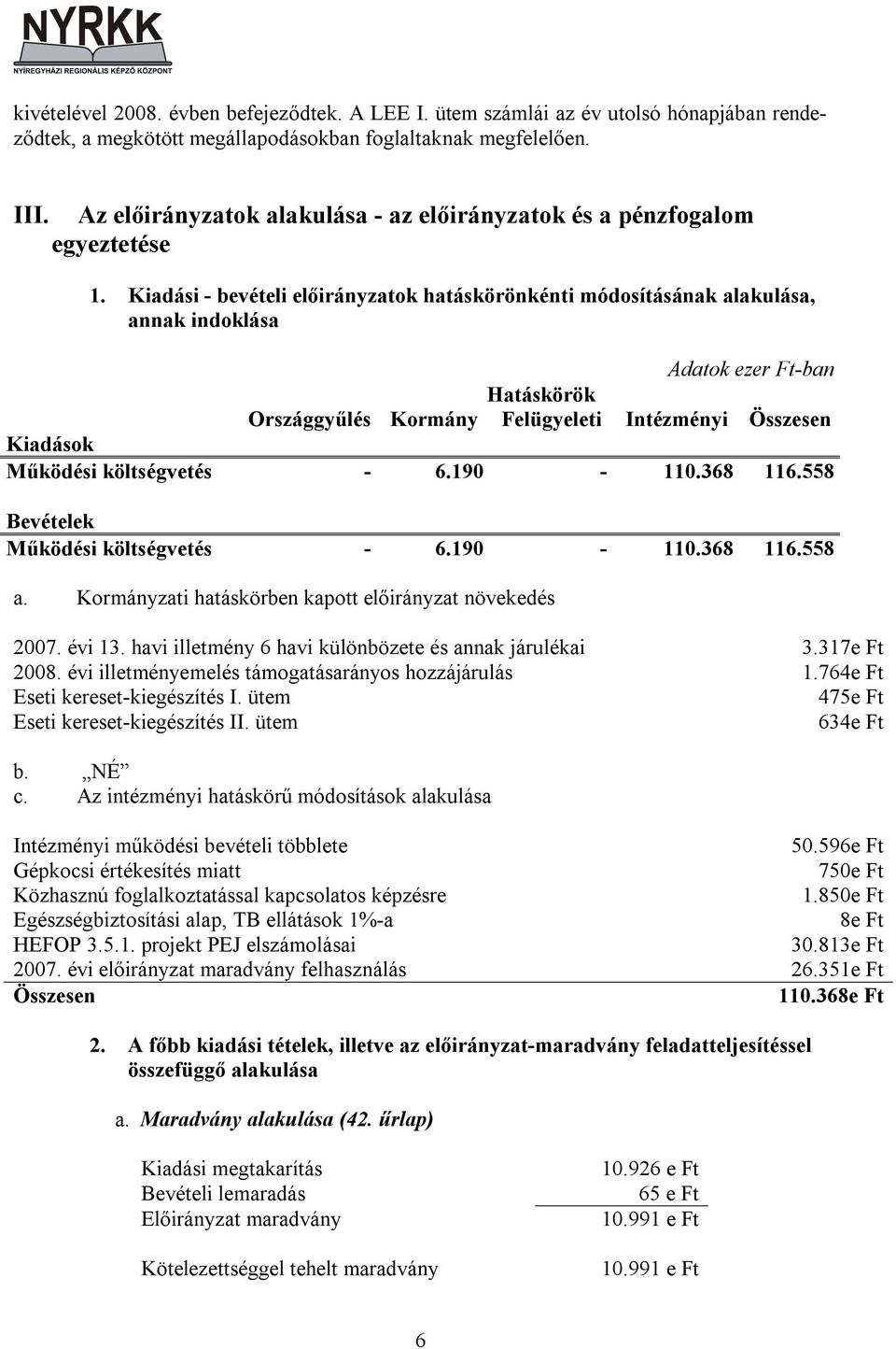 Kiadási - bevételi előirányzatok hatáskörönkénti módosításának alakulása, annak indoklása Adatok ezer Ft-ban Hatáskörök Országgyűlés Kormány Felügyeleti Intézményi Összesen Kiadások Működési