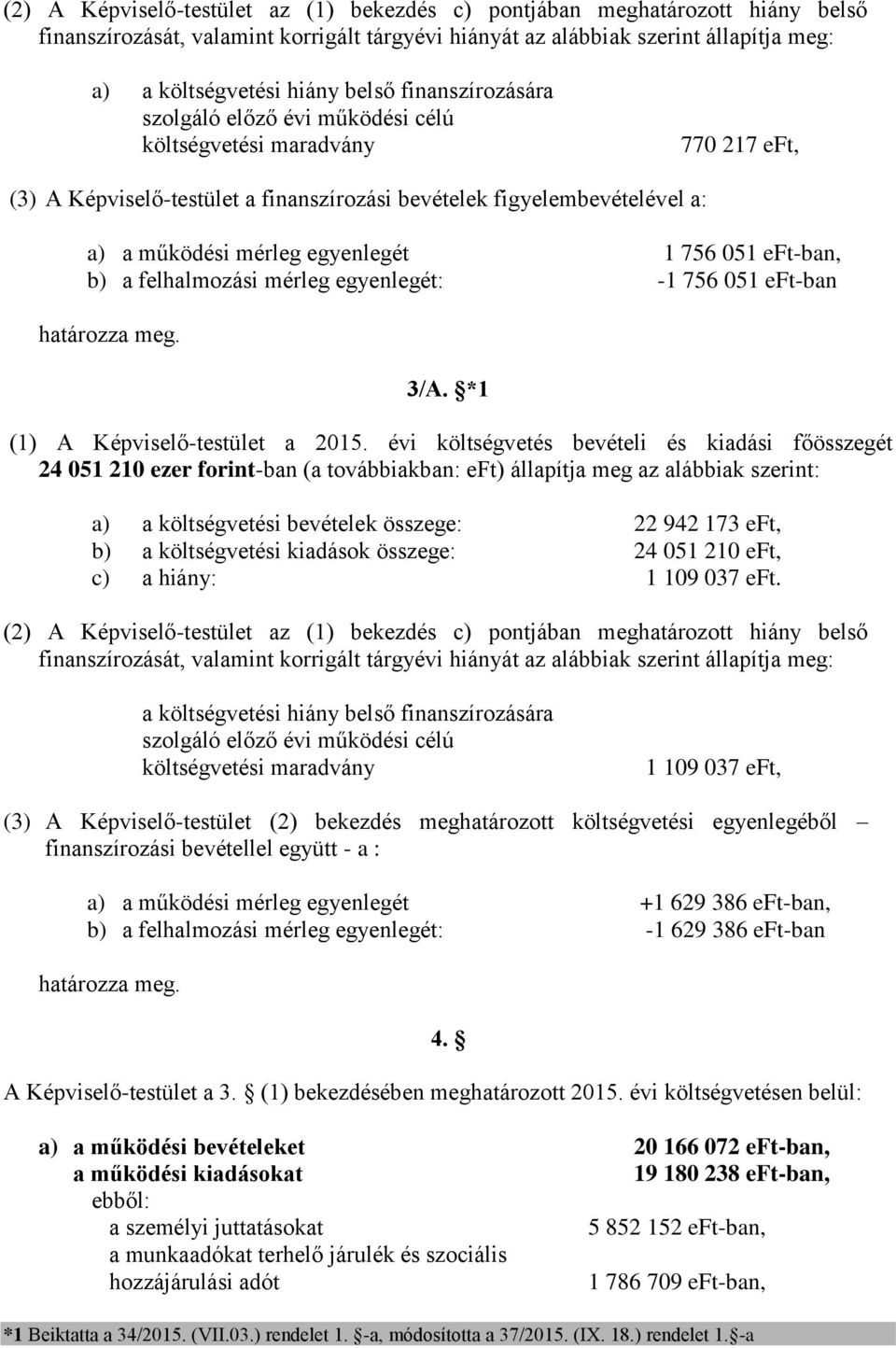 051 eft-ban, b) a felhalmozási mérleg egyenlegét: -1 756 051 eft-ban határozza meg. 3/A. *1 (1) A Képviselő-testület a 2015.