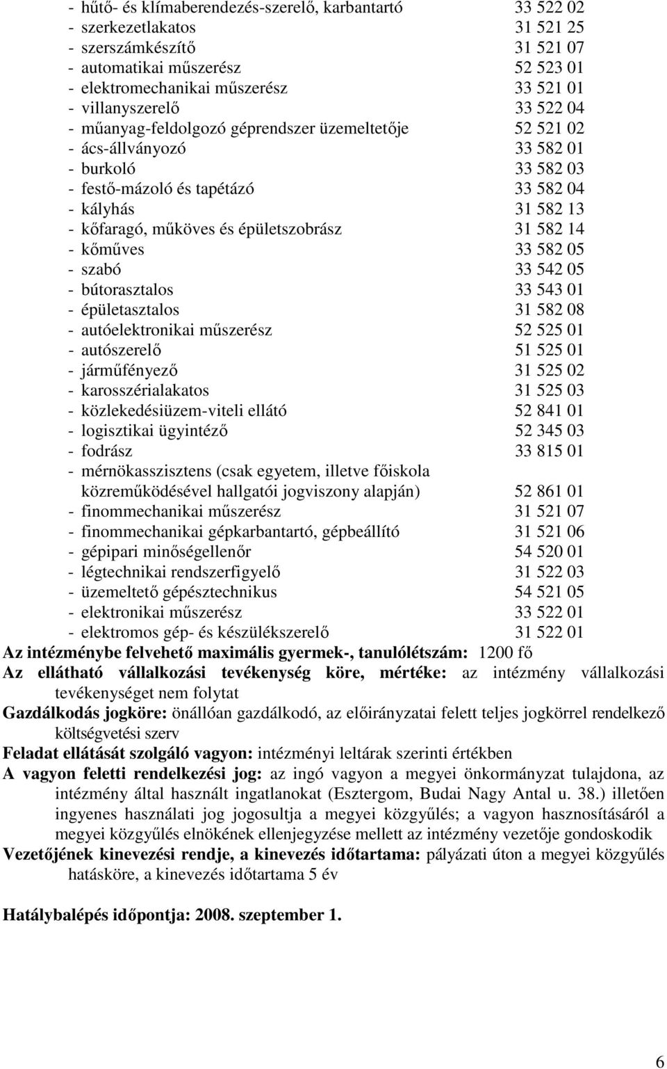 mőköves és épületszobrász 31 582 14 - kımőves 33 582 05 - szabó 33 542 05 - bútorasztalos 33 543 01 - épületasztalos 31 582 08 - autóelektronikai mőszerész 52 525 01 - autószerelı 51 525 01 -