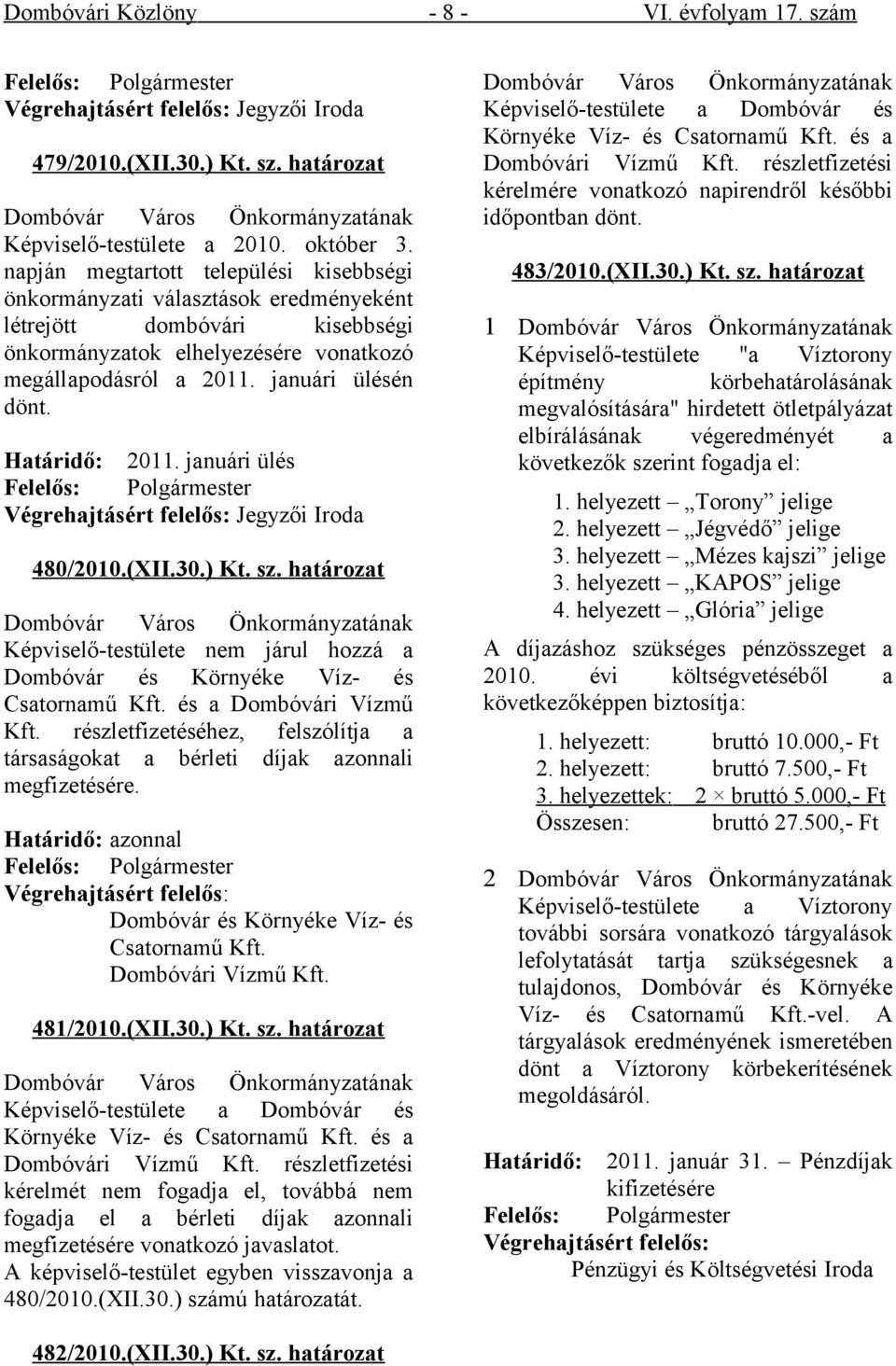 januári ülésén dönt. Határidő: 2011. januári ülés Felelős: Polgármester Végrehajtásért felelős: Jegyzői Iroda 480/2010.(XII.30.) Kt. sz.