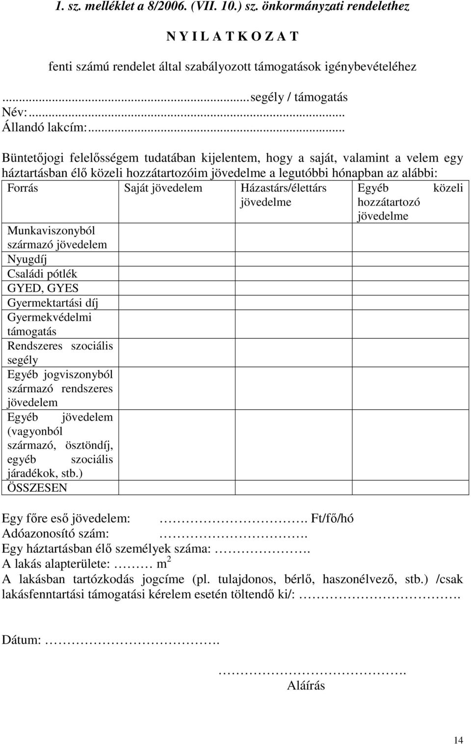 .. Büntetıjogi felelısségem tudatában kijelentem, hogy a saját, valamint a velem egy háztartásban élı közeli hozzátartozóim jövedelme a legutóbbi hónapban az alábbi: Forrás Saját jövedelem