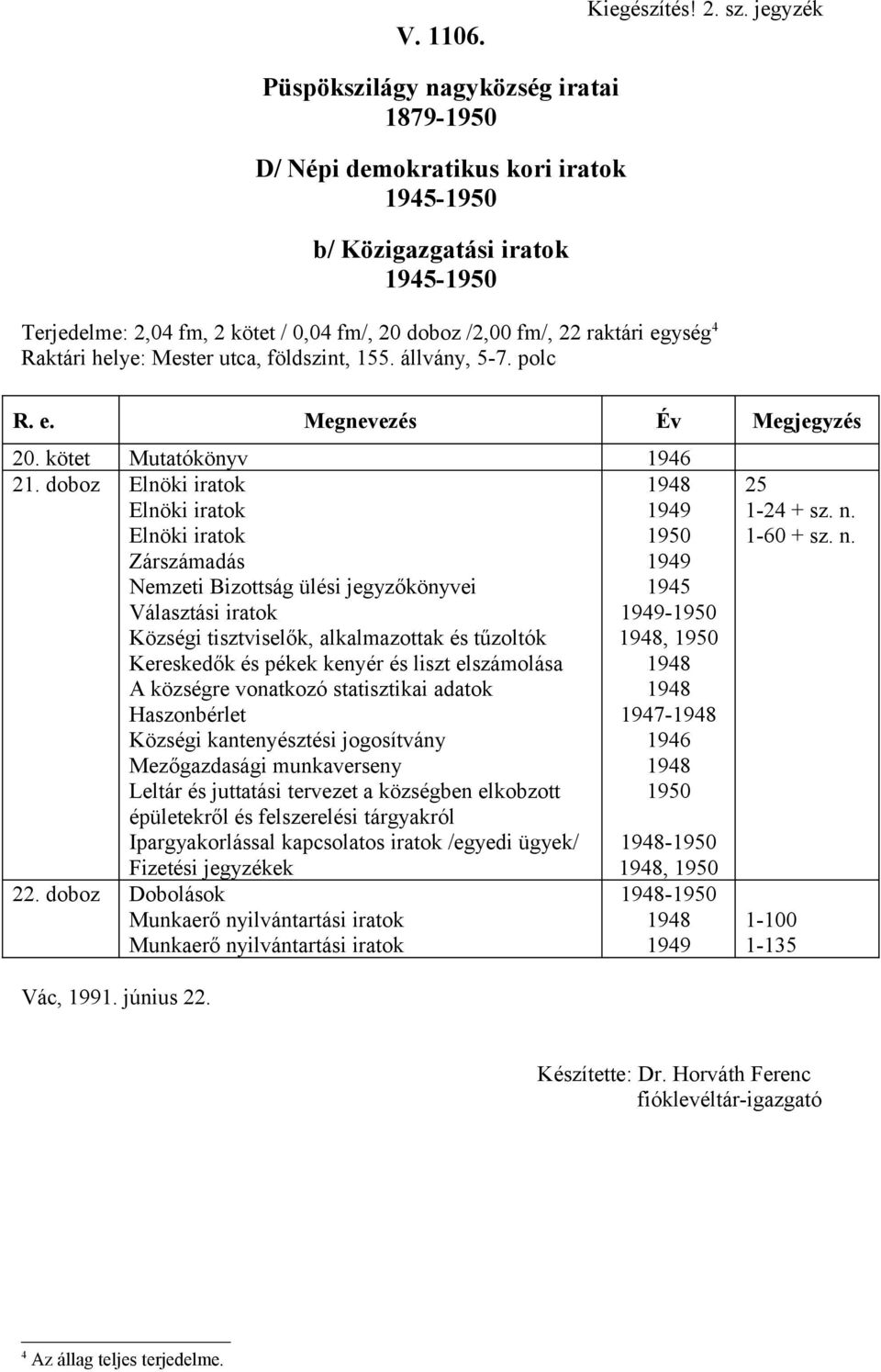 állvány, 57. polc R. e. Megnevezés Év Megjegyzés 20. kötet Mutatókönyv 946 2.