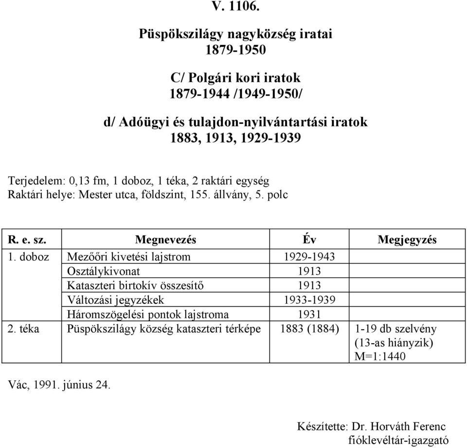 egység Raktári helye: Mester utca, földszint, 55. állvány, 5. polc R. e. sz. Megnevezés Év Megjegyzés.