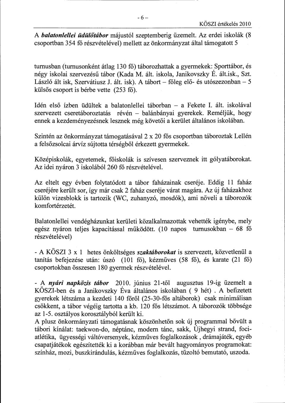 tábor (Kada M. ált. iskola, Janikovszky É. ált.isk., Szt. László ált isk, Szervátiusz J. ált. isk). A tábort- főleg elő- és utószezonban-5 külsős csoport is bérbe vette (253 fő).