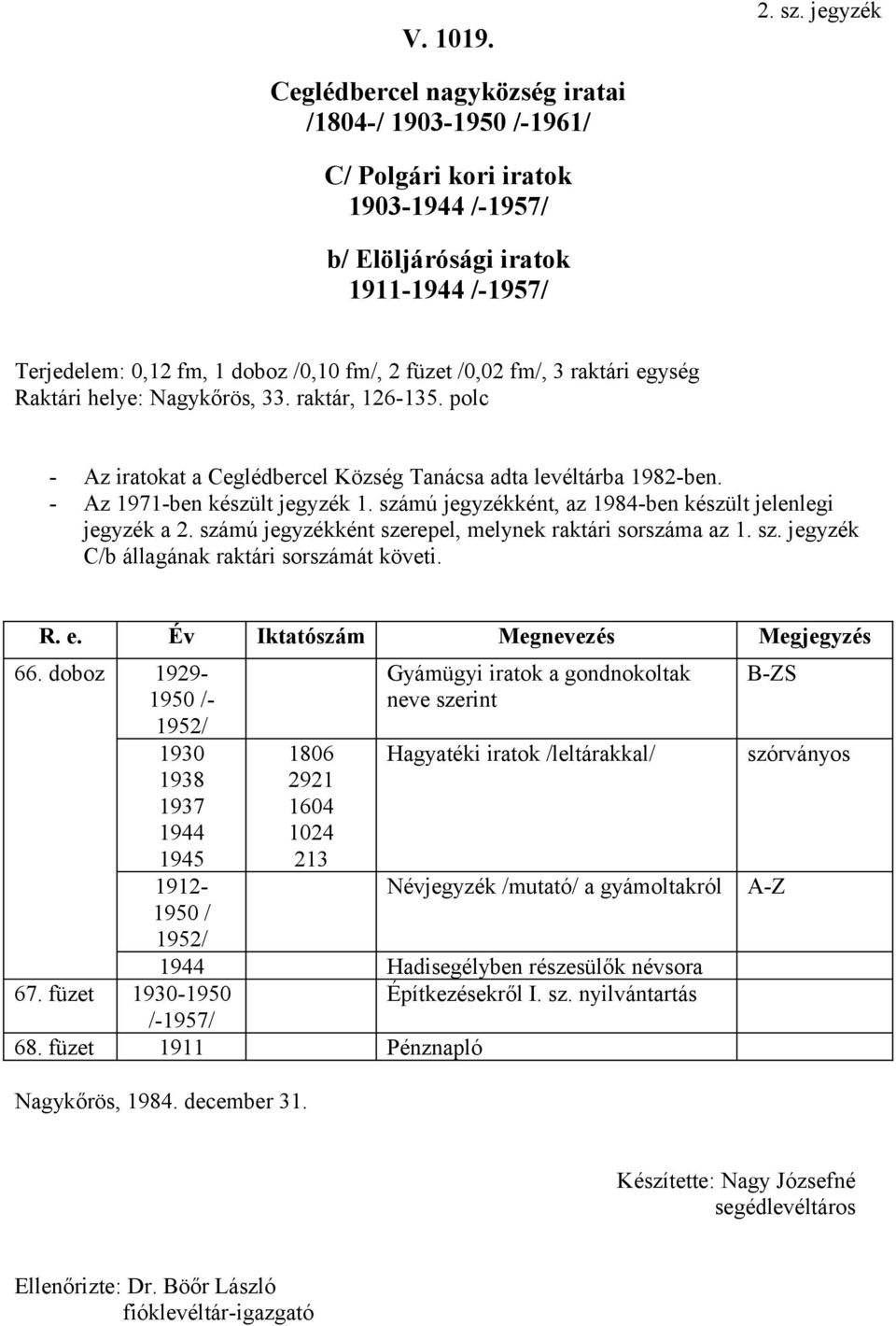 Község Tanácsa adta levéltárba 1982-ben. - Az 1971-ben készült jegyzék 1. számú jegyzékként, az 1984-ben készült jelenlegi jegyzék a 2. számú jegyzékként szerepel, melynek raktári sorszáma az 1. sz. jegyzék C/b állagának raktári sorszámát követi.