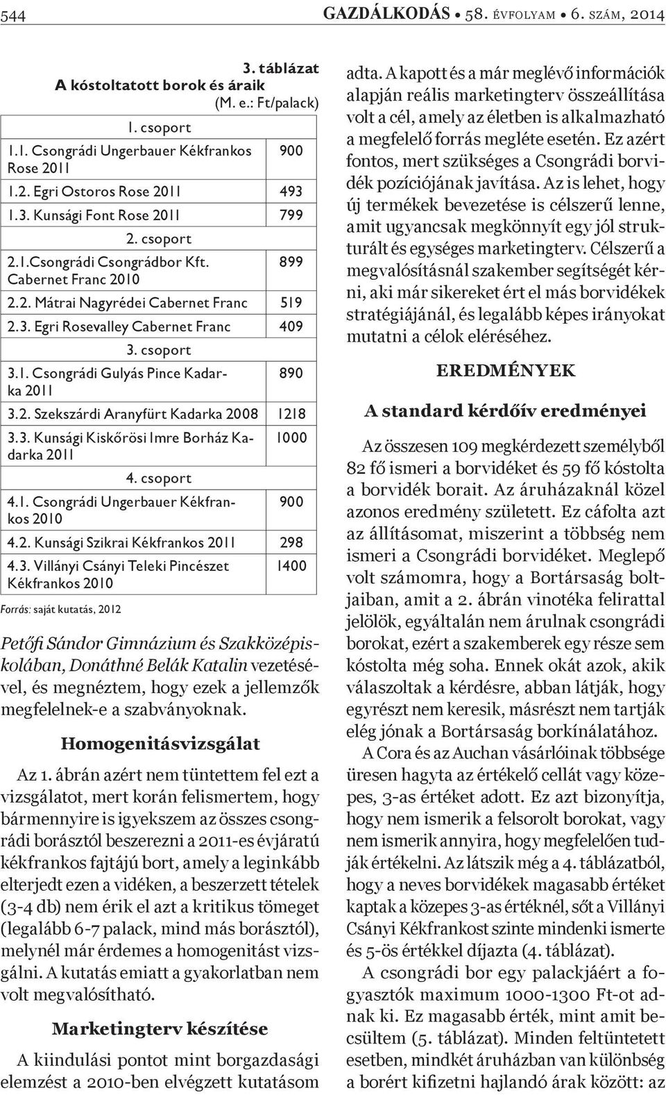 1. Csongrádi Ungerbauer Kékfrankos Rose 2011 Pet Þ Sándor Gimnázium és Szakközépiskolában, Donáthné Belák Katalin vezetésével, és megnéztem, hogy ezek a jellemz k megfelelnek-e a szabványoknak.