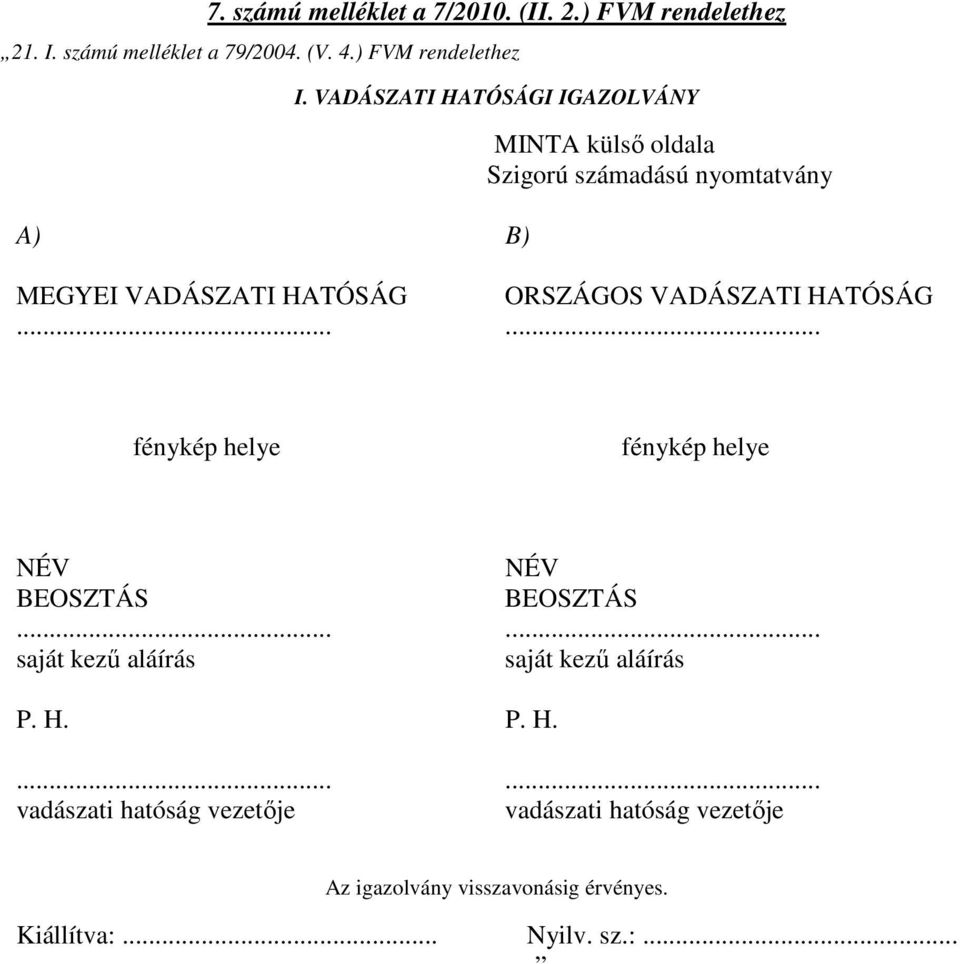 VADÁSZATI HATÓSÁG...... fénykép helye fénykép helye NÉV NÉV BEOSZTÁS BEOSZTÁS...... saját kező aláírás saját kező aláírás P.