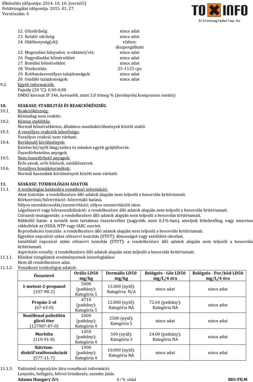 SZAKASZ: STABILITÁS ÉS REAKCIÓKÉSZSÉG 10.1. Reakciókészség: Kémiailag nem reaktív. 10.2. Kémiai stabilitás: Normál hőmérsékleten, általános munkakörülmények között stabil. 10.3.