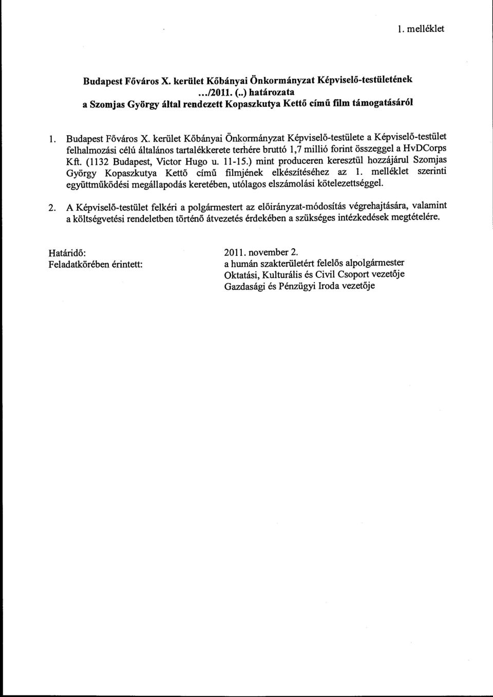 (1132 Budapest, Victor Hugo u. 11-15.) mint produceren keresztül hozzájárul Szomjas György Kopaszkutya Kettő című filmjének elkészítéséhez az l.