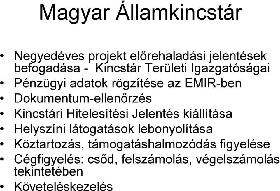 Kincstári Hitelesítési Jelentés kiállítása Helyszíni látogatások lebonyolítása Köztartozás,