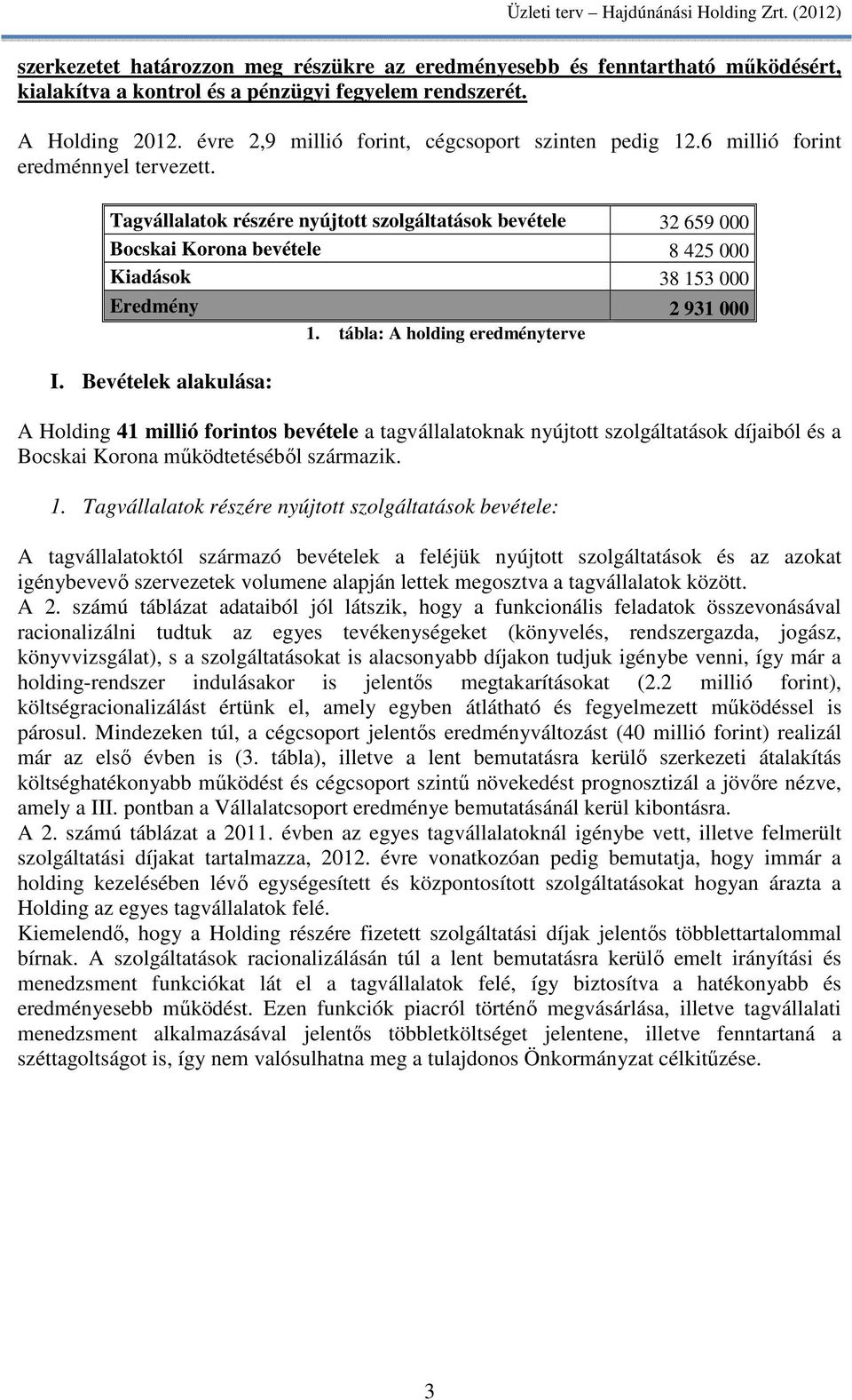 Tagvállalatok részére nyújtott szolgáltatások bevétele 32 659 000 Bocskai Korona bevétele 8 425 000 Kiadások 38 153 000 Eredmény 2 931 000 1. tábla: A holding eredményterve I.