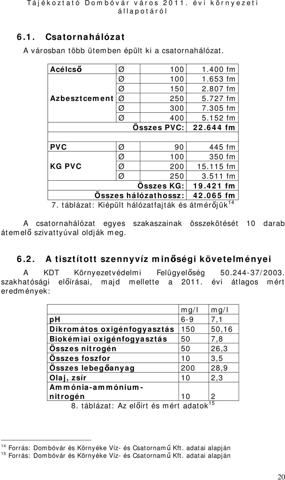 táblázat: Kiépült hálózatfajták és átmérőjük 14 A csatornahálózat egyes szakaszainak összekötését 10 darab átemelő szivattyúval oldják meg. 6.2.